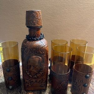 Custom Leather Wrapped Decanter & 6 Whiskey Glasses